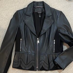 WHBM Black Leather Jacket with Scalloped Detail